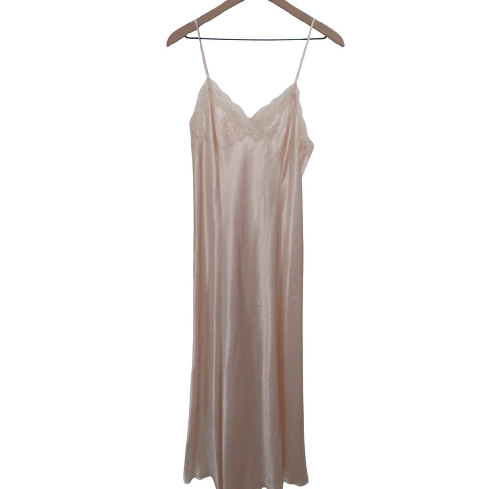 Victoria's Secret Sz M Champagne Pink Vintage Satin Lace Trim Maxi Dress Slip - Picture 1 of 8